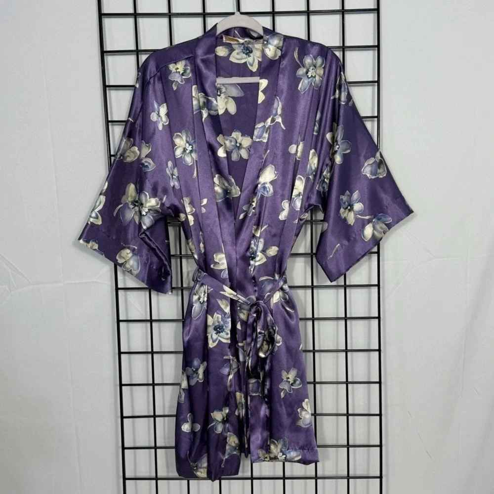 Vintage Inner Most Floral Dressing Gown Robe M/L Purple 80s Satin Travel
